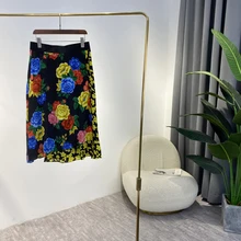 

Original 100% Silk Quality Floral Print Spaghetti Strap Camisole Creative Black Ankle Length Irregular Bottom Skirt