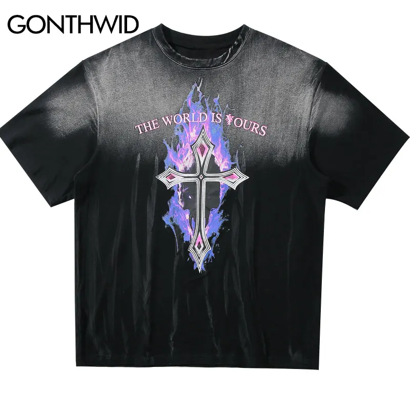 Футболка с коротким рукавом GONTHWID The World is Your Fire Flame Cross принтом в виде галстука