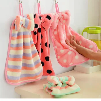 

Coral Velvet Bow Hangable Hand Towel Strong Water-Absorbing Not Shed Kitchen Towel Microfiber Rag