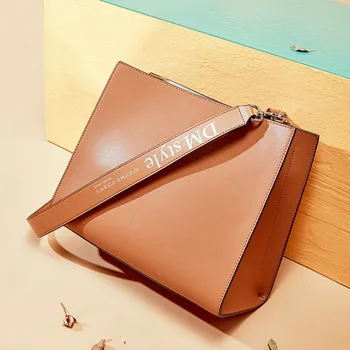 

2020 New Style Elegant Handbag Solid Color Cowhide Wide-Strap Lettered Shoulder Bag Over-the-shoulder Bag