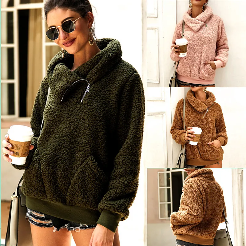 

Autumn Winter Sweatshirt Women Turn Down Collar Thick Warm Short Coat Faux Fur Hoodies Female Zipper Causal Plush Pullovers Tops