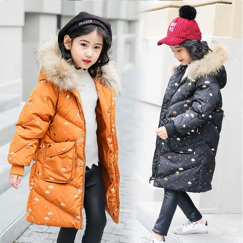 

Winter Down Jacket Girls Winter Duck Down Children Thickening Warm Down Jackets Long Big Fur Hooded Outerwear Coats Kids Down