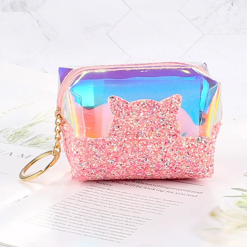 Cat pink Прозрачный Кошелек для монет, Женский кошелек, лазерная ПВХ Карта, косметический клатч для денег, сумка, Женский мини-молния, кошельки, сумочка Monedas - Цвет: Cat pink