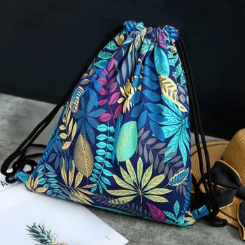 

Women Shoulder Outdoor Travel Multi Use Drawstring Bag Floral Print Canvas Pouch Portable Storage Backpack Shopping Sport Shoes