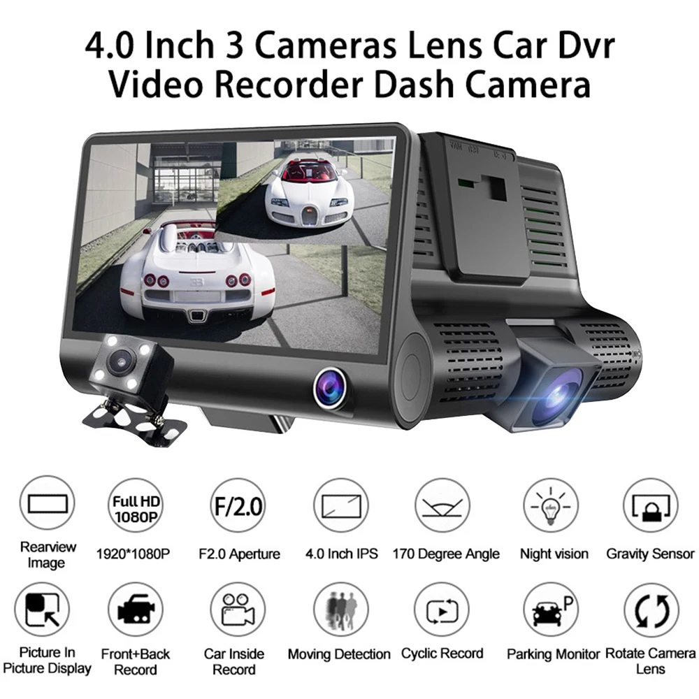  Car DVR 3 Cameras Lens 4.0 Inch HD Dash camera 3 way car Dual Lens With Rear View Camera Video Reco