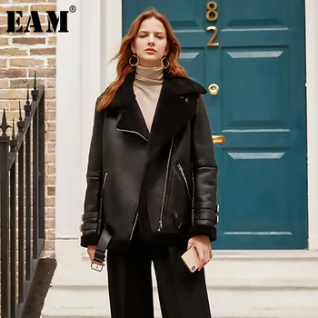 

[EAM] Loose Fit Fur Split Black Pu Leather Big Size Jacket New Lapel Long Sleeve Women Coat Fashion Spring Autumn 2020 1K899