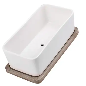 

2Pcs Ceramic Oblong Flower Pot with Bamboo Tray Succulent Planter Garden Bonsai Pot Flowerpot (White)