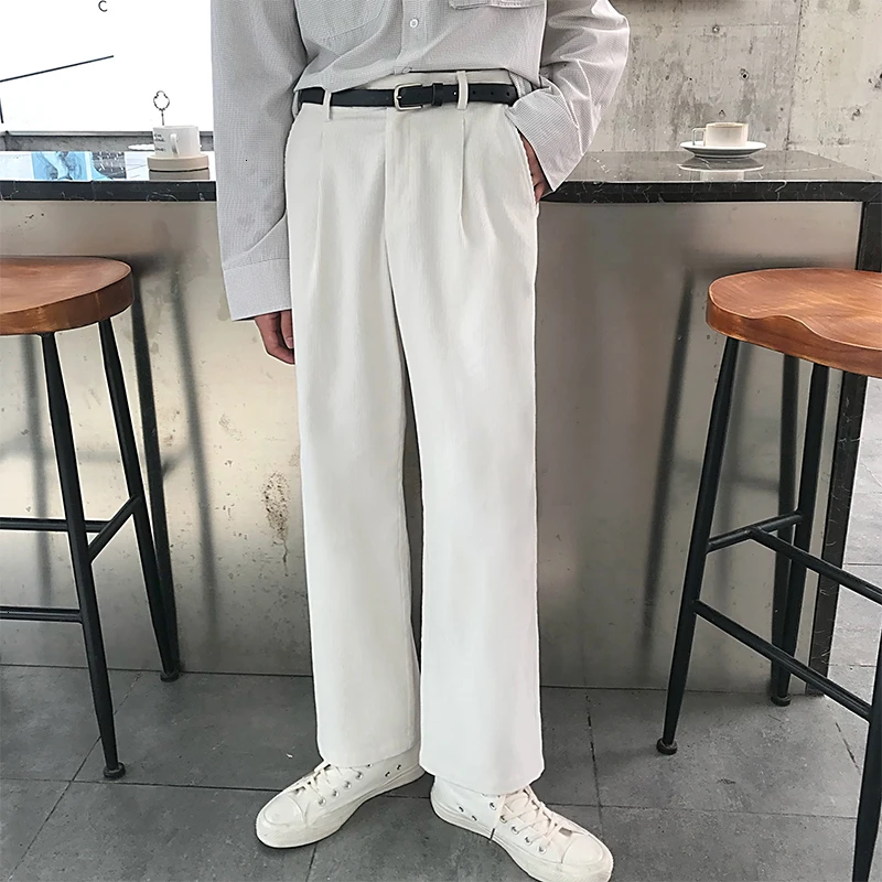 

2019 New Style Men's Corduroy Fabric White Color Wide Leg Pants Loose Casual Pants High Quality Nice Trousers Plus Size M-XL