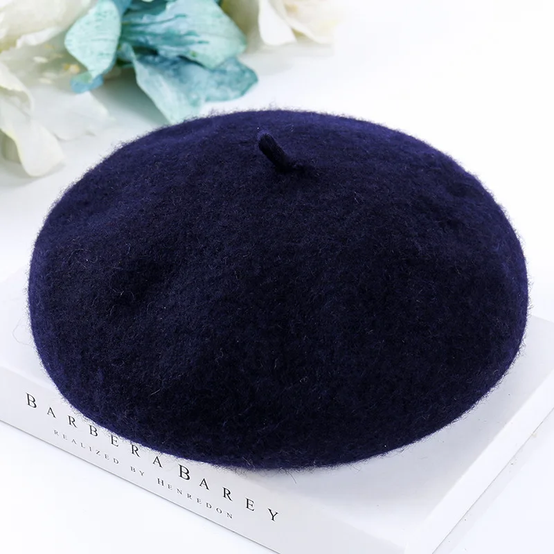 Женский элегантный шерстяной берет, зимняя теплая Женская шапка для художника, французская шапка, шапка для девушек, одноцветные, красные, черные береты - Цвет: navy blue
