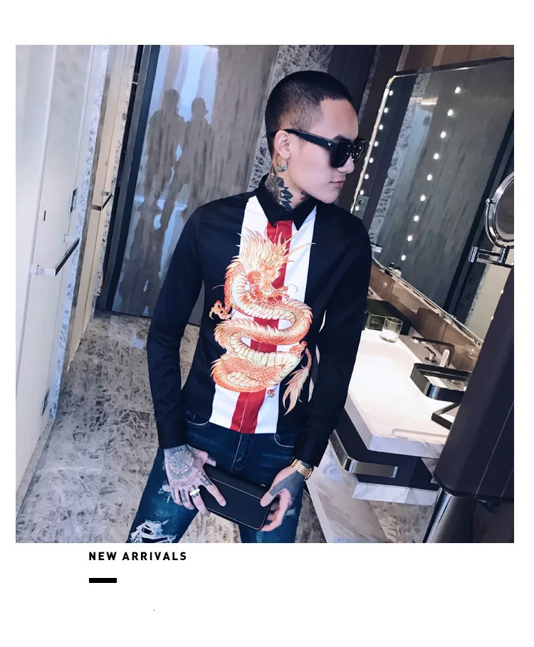 Модное платье рубашка Camisa Hombre Slim Fit рубашка Мужская Уличная с принтом дракона Мужская рубашка мужские рубашки Роскошные сплайсированные