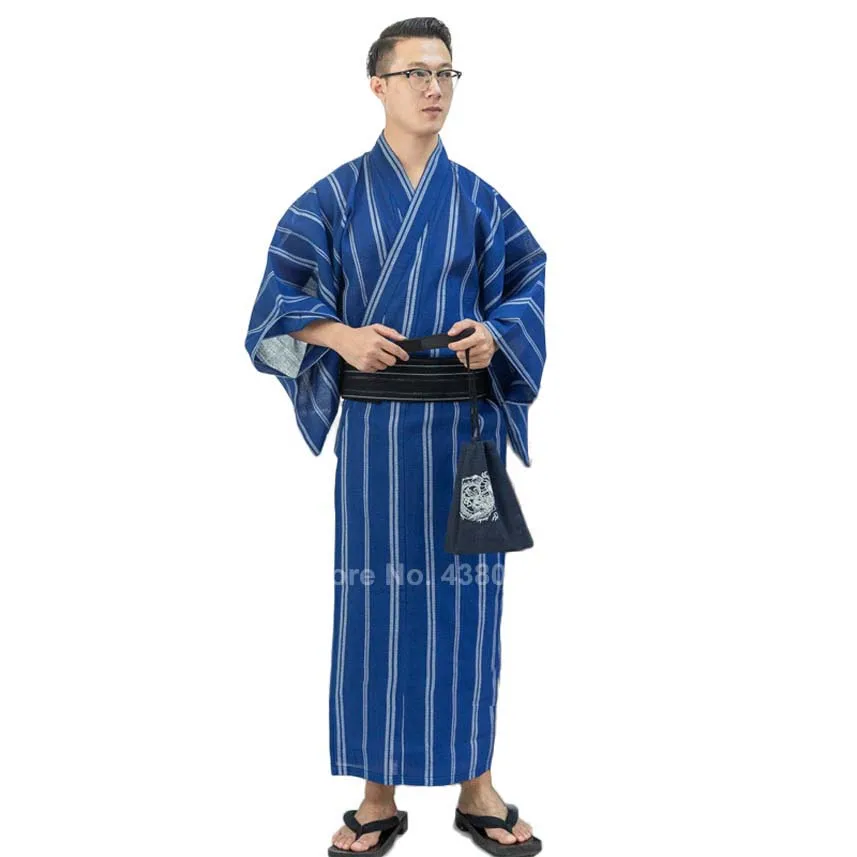 Men Asian Traditional Japanese Costumes New Year Kimono Jinbei Sleepwear Spa Sauna Thin Cotton Yukata Long Bath Robe Gown