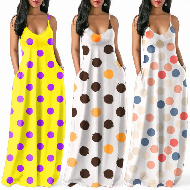 Polka Dot Dress Women Sexy V-Neck Long Summer Beach Dress Loose Fashion Party Ladies Maxi Dresses Women Clothes DR1882 (1)