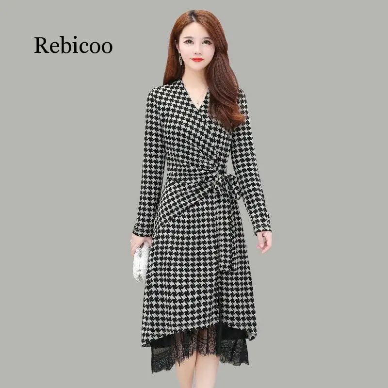 Women Dress Lady Office Female Vintage Dress Black Plaid Lace Womans Dress Autumn Winter Elegant Dresses Womens Long Sleeve