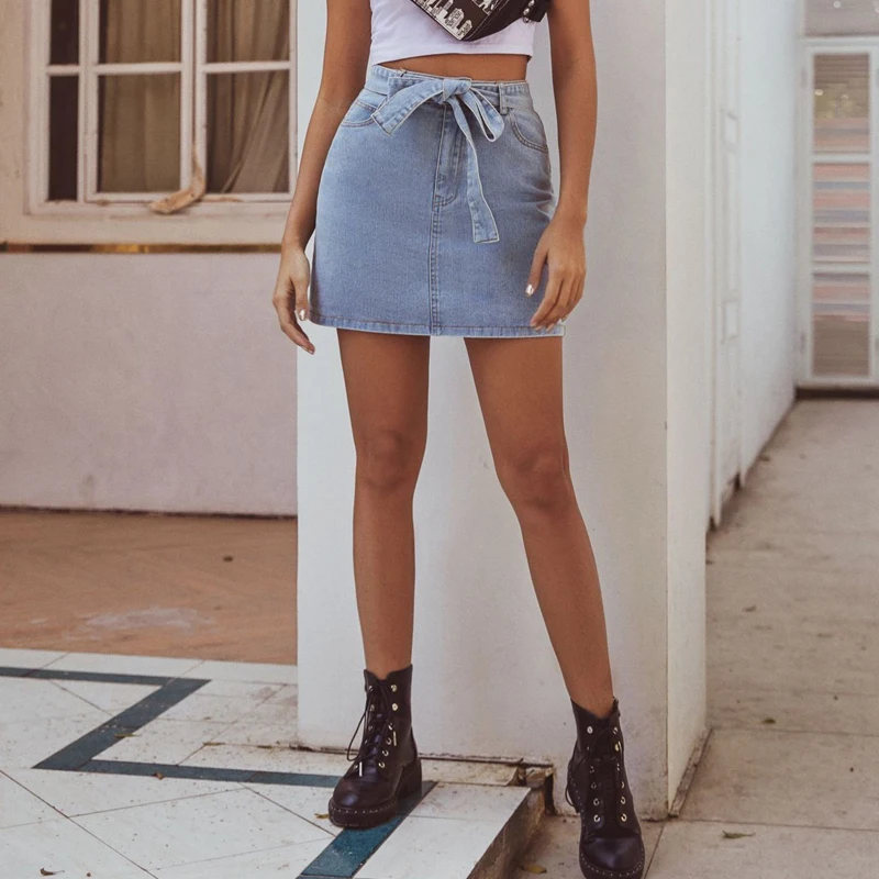 

Lace Up Bow Tie Denim Skirt High Waist A-line Mini Skirts Women 2020 Summer New Pockets Blue Short Jean Skirt Style Saia Jeans