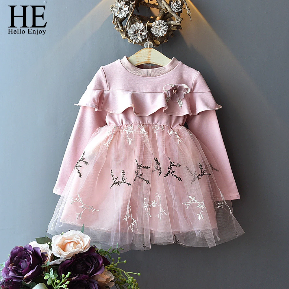 

HE Hello Enjoy Spring Girls Dresses Long Sleeve Lace Flower Dress Prince Elegant Kids Clothes Infantil Fashion Clothing Daily