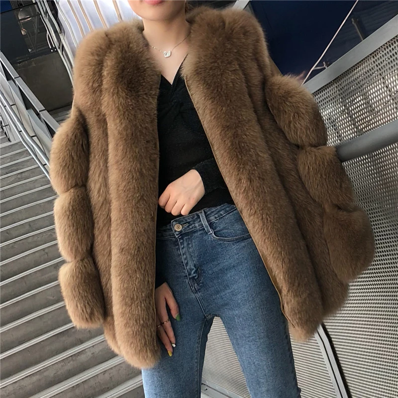 

rf1929L Winter Long Stlye FluffyReal Fox Fur Coat Genuine Leather Natural Fur Jacket Long Sleeve Women's Real Fur Coats