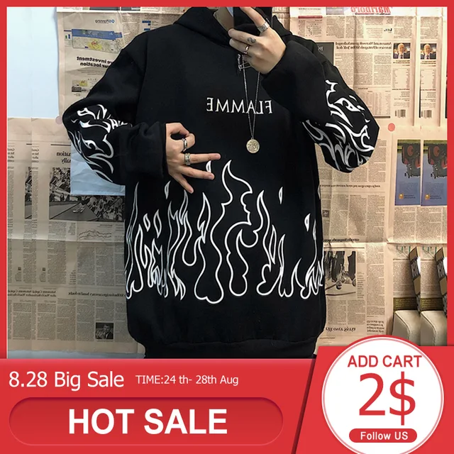 $17.08 Rosetic Flame Print Men Hoodies Winter Thick Hooded Hoodies Mens Harajuku Letter Tops Gothic Pullovers Casual Couple Sweatshirt