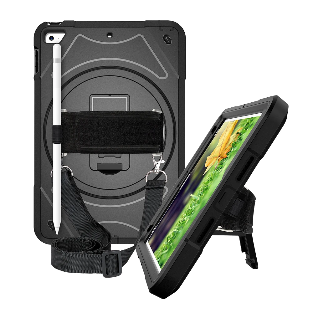 Black with strap Для iPad Mini 5 4 чехол с держателем карандаша сверхпрочный чехол вращающийся на 360 ручной ремень подставка плечевой ремень Mini5 планшет MTL02 - Цвет: Black with strap