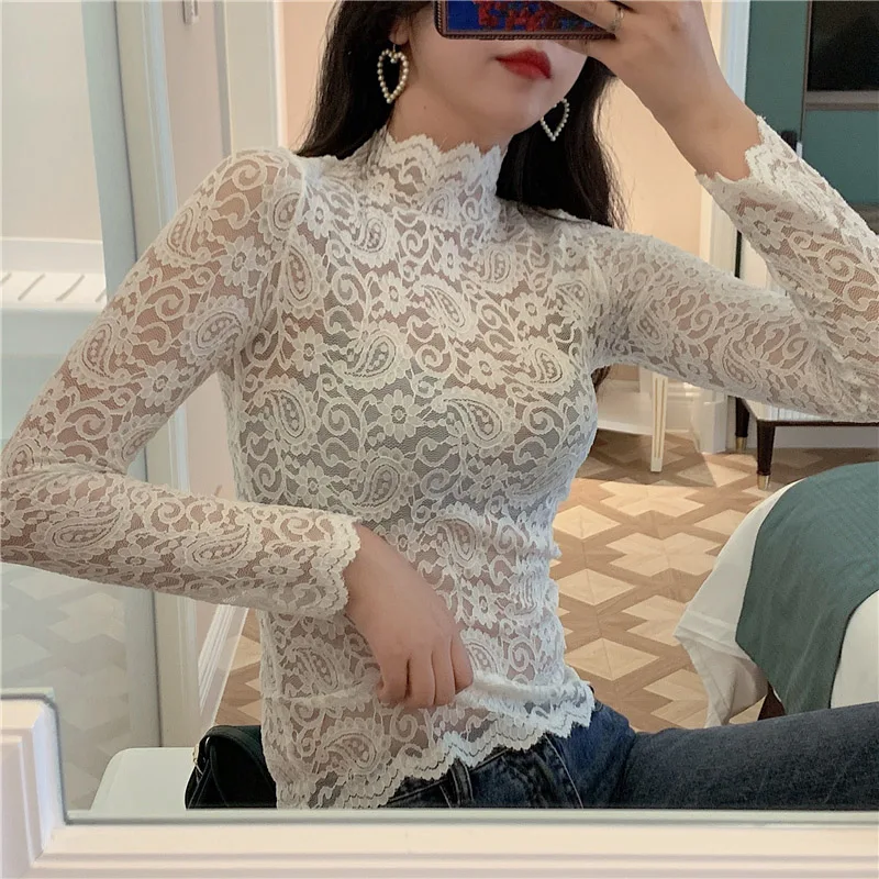 

Spring Summer Sexy Hollow Out Lace Shirts Women Tops and Blouses Black White See Through Elegant Ladies Floral Turtleneck Blusas
