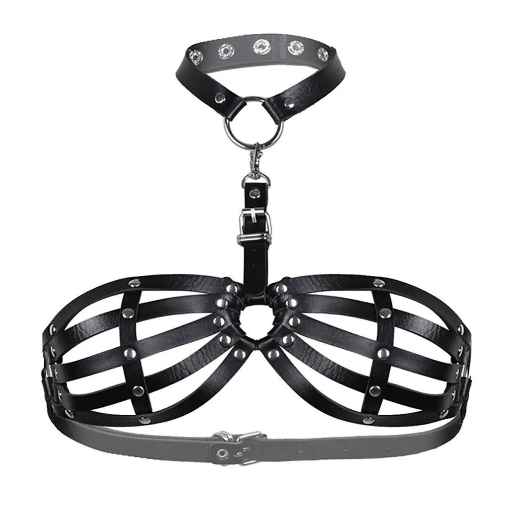 Leather Harness Erotic Bras Sexy Women Lingerie Bondage Cage Bra Goth Sexy Sleepwear Erotic Party Club Brassiere Costume