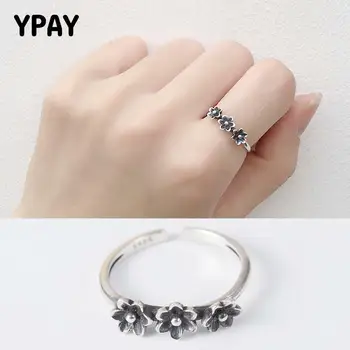 

YPAY Do the Old Vintage Three Flower Rings For Women 100% Real Sterling Silver Opening Finger Ring Bague Fine Jewelry YMR112