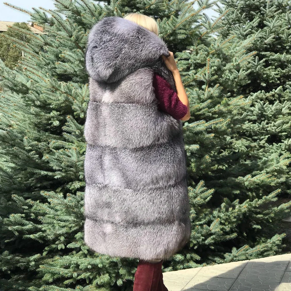 Long Real Silver Fox Fur Vest with Hood Natural Women High Quality Genuine Silver Fox Fur Coat Sleeveless Fur Overcoats Luxury