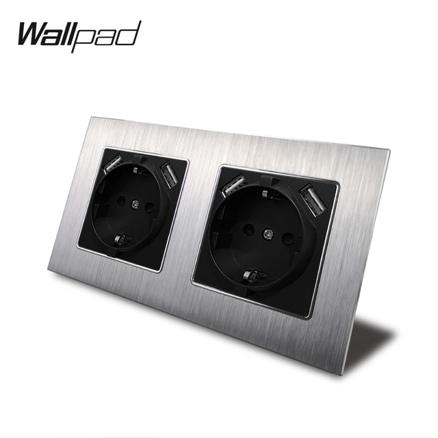 Double EU Schuko Power Socket with Double USB Charging Ports 5.1DC 2.1A For EU Round Box Wallpad 156*86mm EU Outlet with USB 2 Metal Silver Black