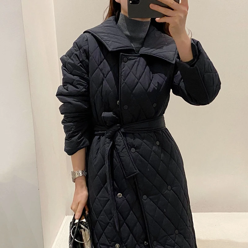 

retro chic winter lapel double-breasted bind accept waist ling plaid woman with thick cotton-padded jacket coat coat