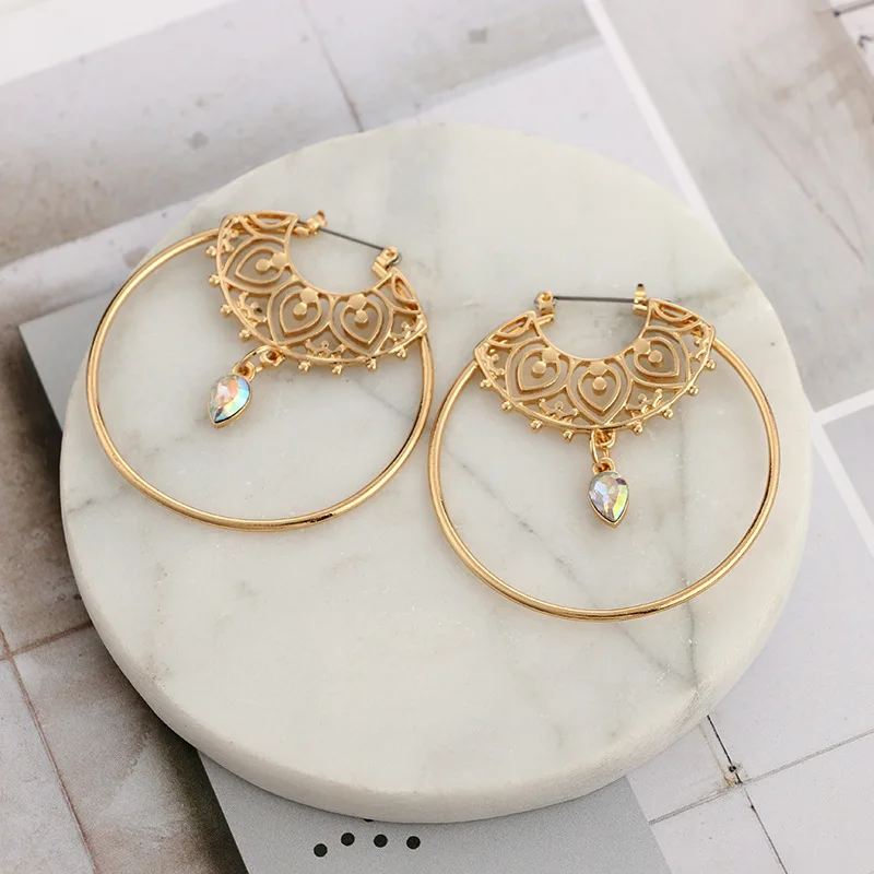 

Simple Geometric Big Circle Round Crystal Drop Earrings For Women Personality Hollow Retro Earring Trendy Jewelry
