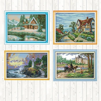 

Lakeside Snow House Counted Chinese Cross Stitch Patterns Sale 14ct 11ct Printed Canvas for Embroidery Kits Diy Hand Needlework