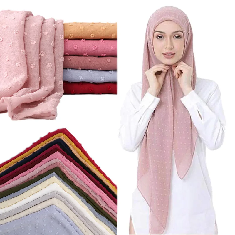 

17 Colors Plain Pom Pom Bubble Chiffon Instant Hijab Shawl Lady New Design High Quality Beach Wrap Stole Muslim Sjaal 180*70Cm