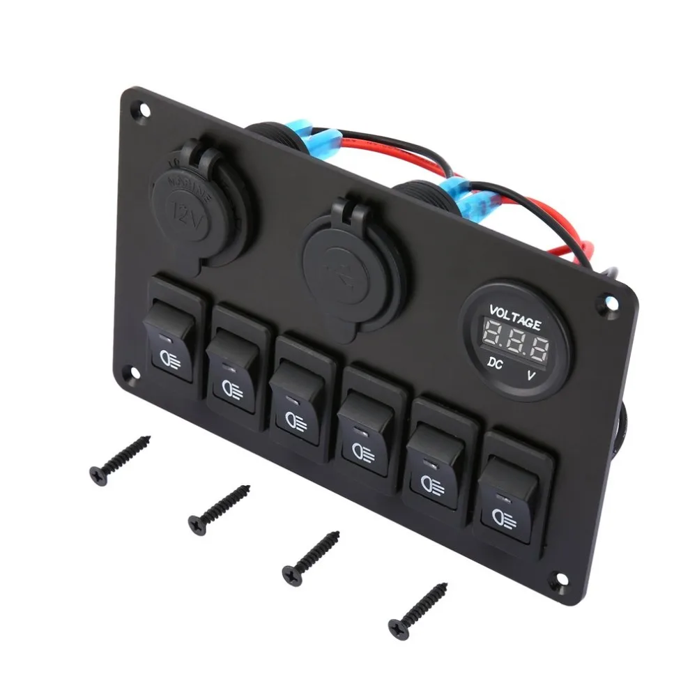 6 Gang LED Car Boat Rocker Switch Panel Dual USB Cigarette Lighter Socket Voltmeter Auto Car LED Boat Switch Panel