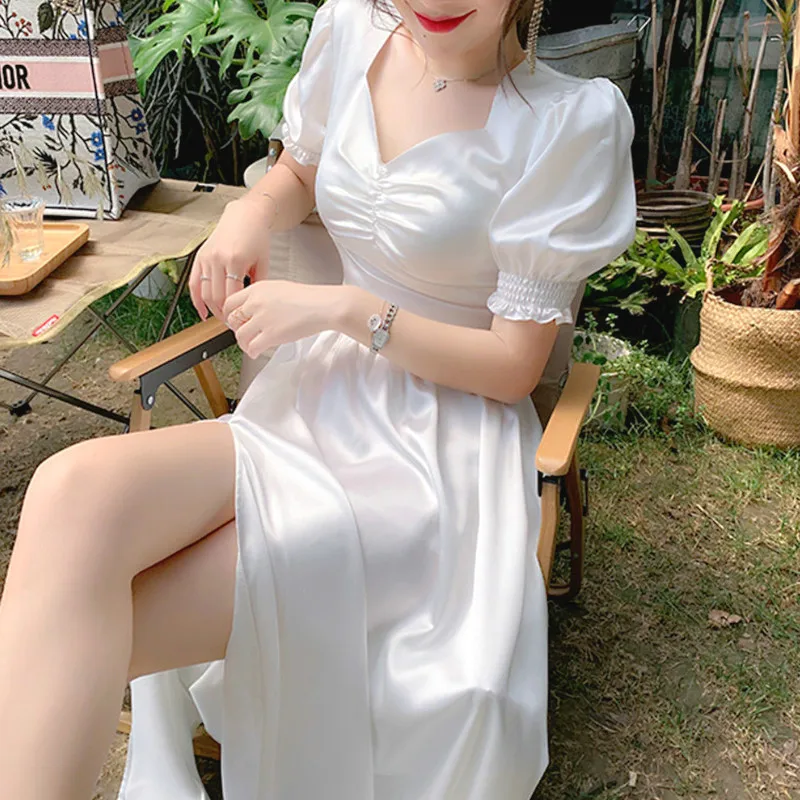 Ruffle Dress Puff-Sleeve French Elegant Sexy Office Lady Casual Women Designer Autumn