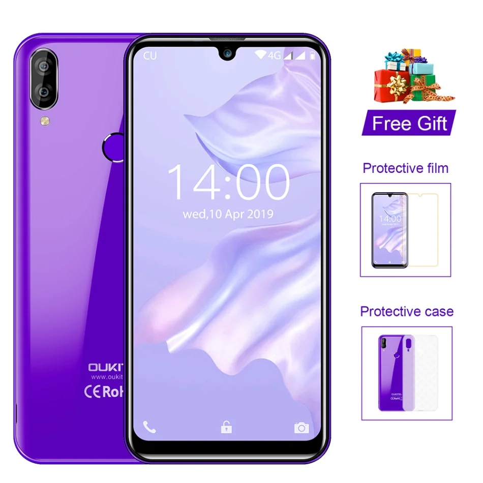 Смартфон OUKITEL C16 Pro, 3 ГБ, 32 ГБ, 5,71 дюймов, 19:9, Android 9,0, MT6761P, отпечаток пальца, распознавание лица, водоспадок, экран, 4G, мобильный телефон - Цвет: Фиолетовый