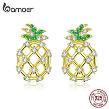 bamoer Sketch Pineapple Stud Earrings for Women 925 Sterling Silver Ear Studs Gold Color Wedding Statement Jewelry SCE728