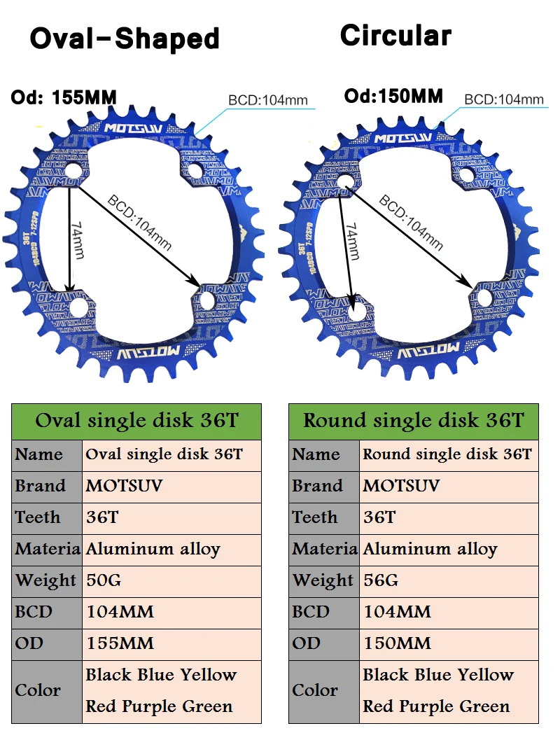 MOTSUV 104BCD Round Narrow Wide Chainring MTB Mountain bike bicycle 104BCD 32T 34T 36T 38T crankset Tooth plate Parts 104 BCD