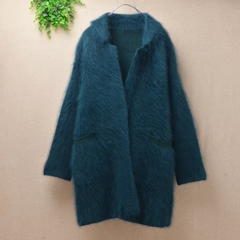 

Female women medium long fashion autumn winter plush mink cashmere suit collar cardigan angora rabbit fur loose knitted long sleeves sweater coat mantle