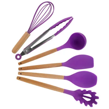 

Nonstick Silicone Kitchen Cooking Utensils Kitchenware Heat Resistant Bamboo Spatula Tong Baking Cooking Utensils Kitchen Tool