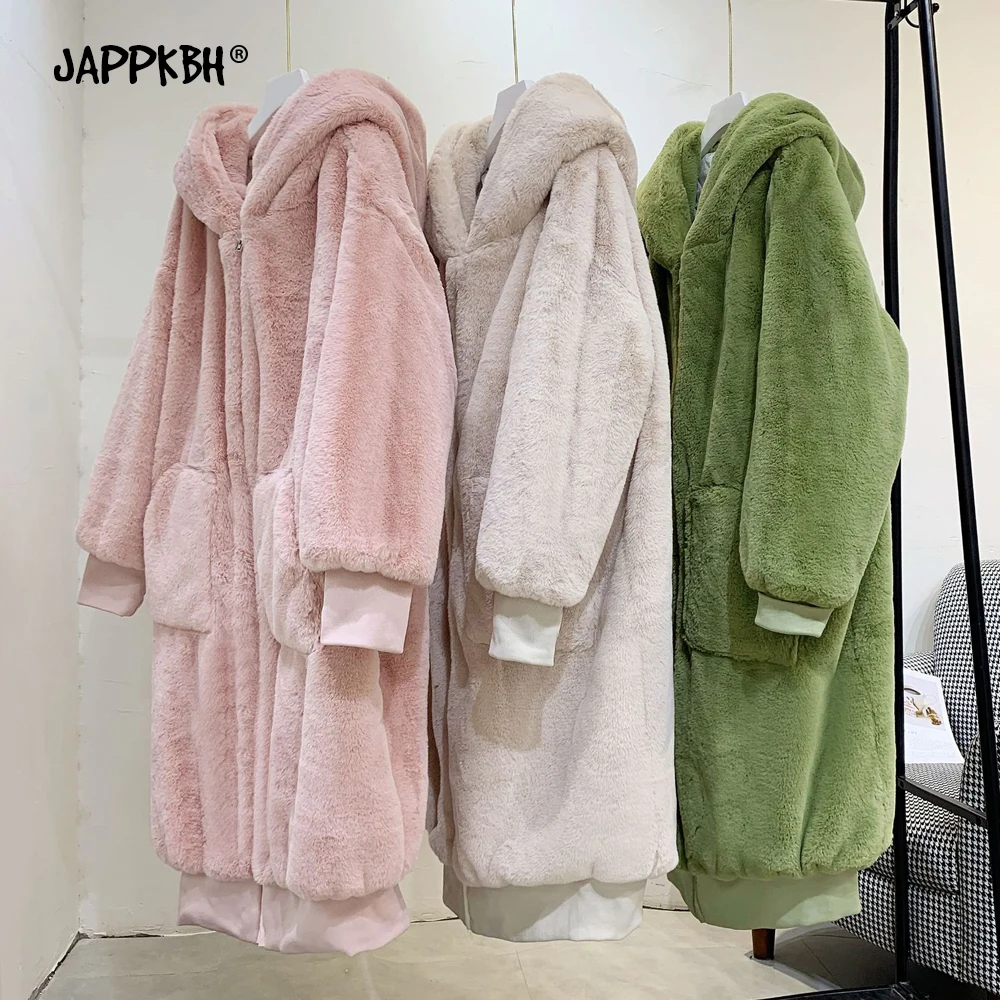 Thick Warm Faux Rex Rabbit Fur Hooded Coat Women 2020 Autumn Winter Long Jackets Female Casual Loose Vintage Oversized | Женская одежда