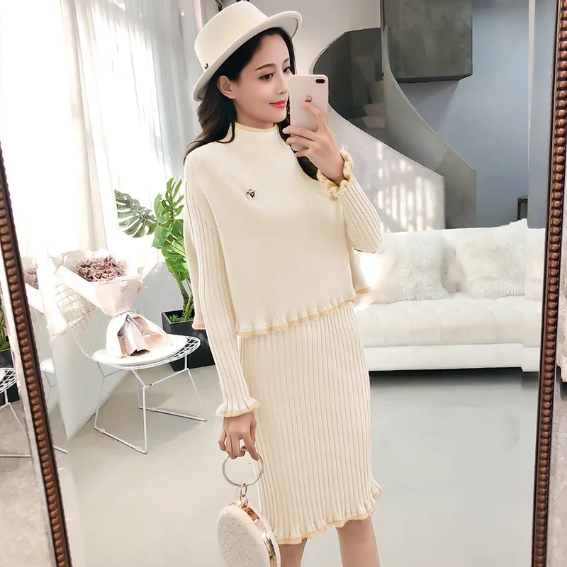 Новые зимние вязаные комплекты для женщин, элегантный вязаный свитер с длинными рукавами, Платье До Колена+ жилет без рукавов, пуловер, комплект из двух предметов