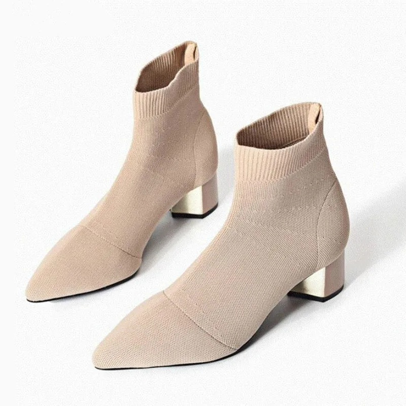 

Autumn Winter New Knitted Elastic Socks Boots solid Medium Heeled Short Boots Women Point Toe Ankle Boots