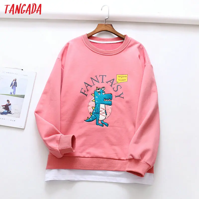 Tangada, женские толстовки с вышивкой животных, розовые, негабаритных размеров, с длинным рукавом, корейский стиль, пуловеры, Женские повседневные топы, XLJ26