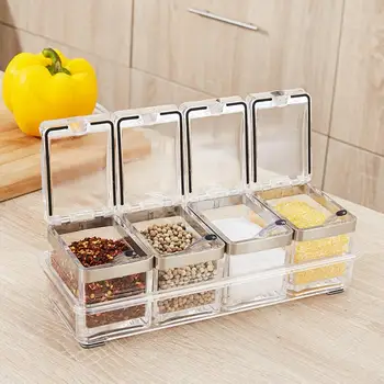 

4 Grid Spice Jar Seasoning Box Transparent Acrylic Storage Container With Plastic Spoon Kitchen Spice Salt Cumin Cruet Bottle
