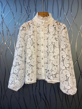 

2020 early autumn new women's small stand-up collar water-soluble lace embroidery hollow long-sleeved versatile top 710