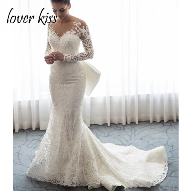 Lover Kiss Vestido De Noiva романтическое кружевное свадебное платье Русалочки с бантом, африканские Свадебные платья с длинным рукавом, сексуальные, robe mariee