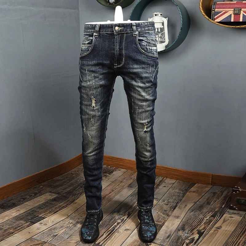 Pantalones vaqueros clásicos italianos para hombre, Jeans rasgados ajustados algodón elástico, diseño empalmado, Punk, y azul|Pantalones vaqueros| -