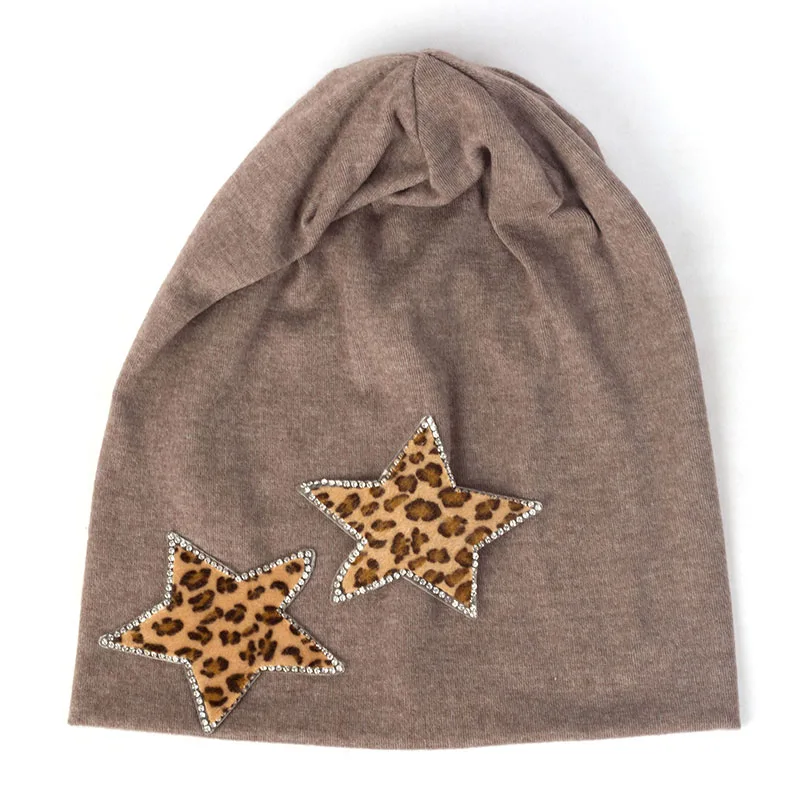 Khaki Geebro зимние леопардовые звезды Стразы Skullies Beanies для женщин женские хлопковые эластичные мешковатые однотонные Шляпы Береты-кепки DT950 - Цвет: Khaki