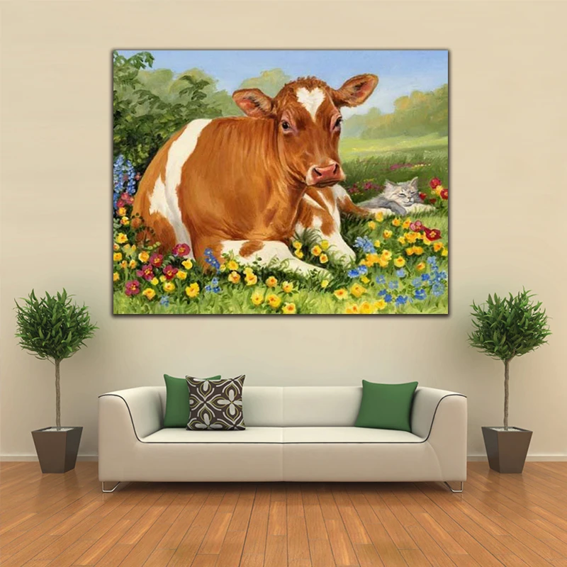 

DIY colorings pictures by numbers with Cows and a cat picture drawing Relief painting by numbers framed Home