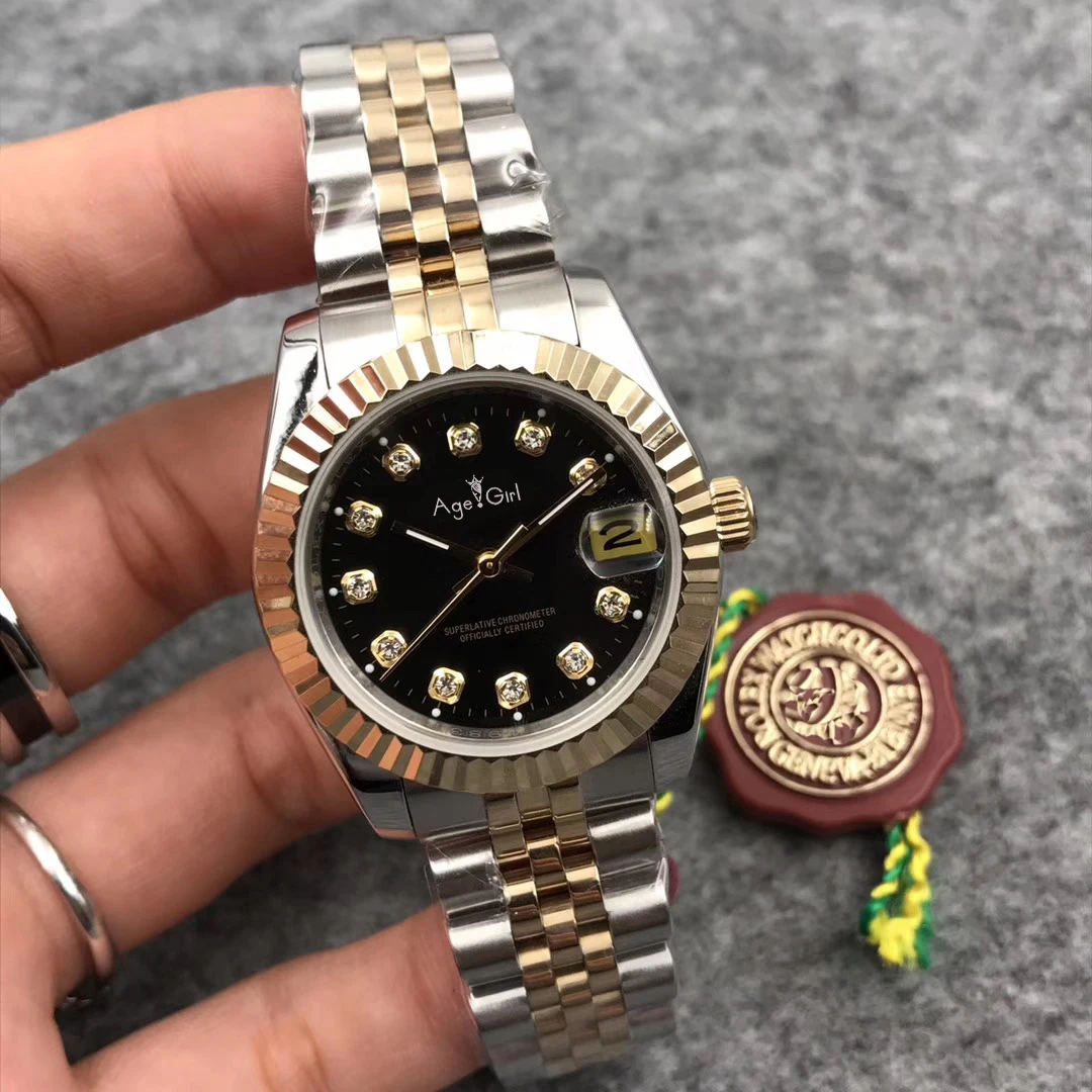 Роскошные брендовые новые женские автоматические механические часы Datejust из нержавеющей стали с сапфировым серебром 18 к желтым золотом и черными бриллиантами 31 мм