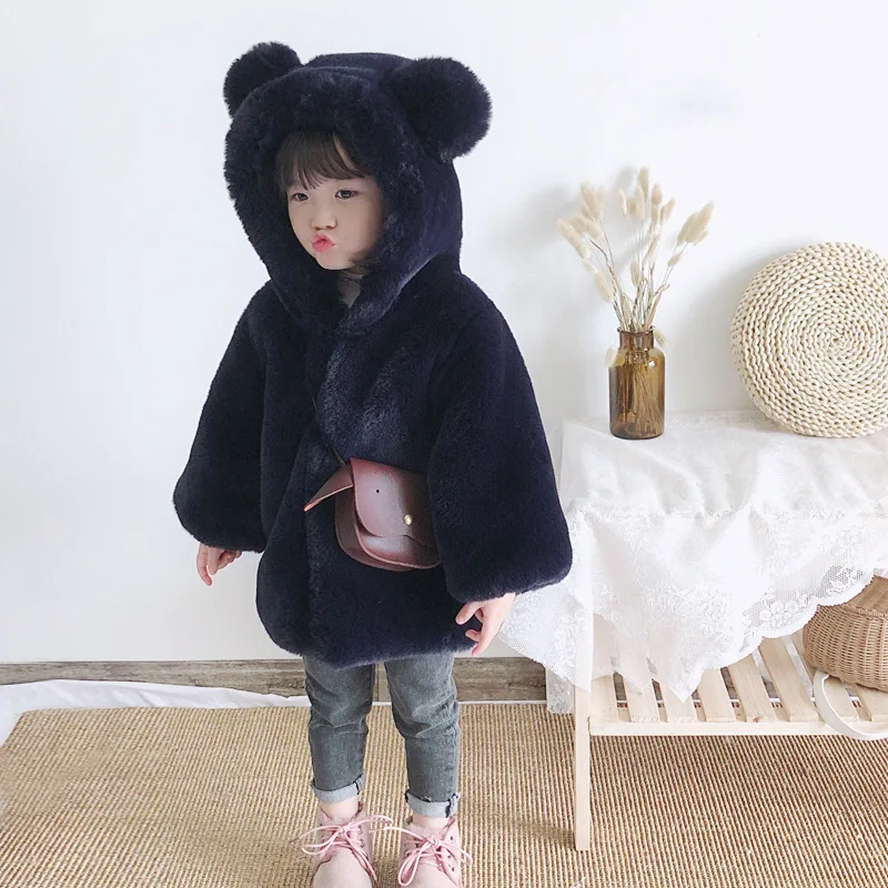 Dollplus/Детское пальто из искусственного меха с капюшоном хлопковые куртки для детей, милое однотонное теплое пальто для маленьких девочек, зимняя праздничная одежда